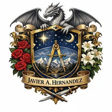 Dragon crest with compass, stars, mountains, roses, and banner reading “Javier A. Hernandez”