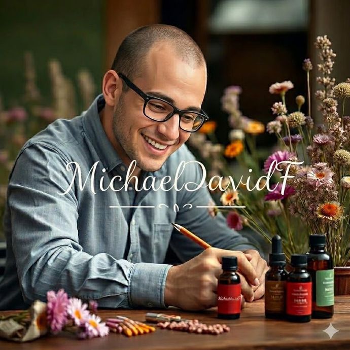 Smiling man in glasses arranges small bottles among flowers at a wooden table