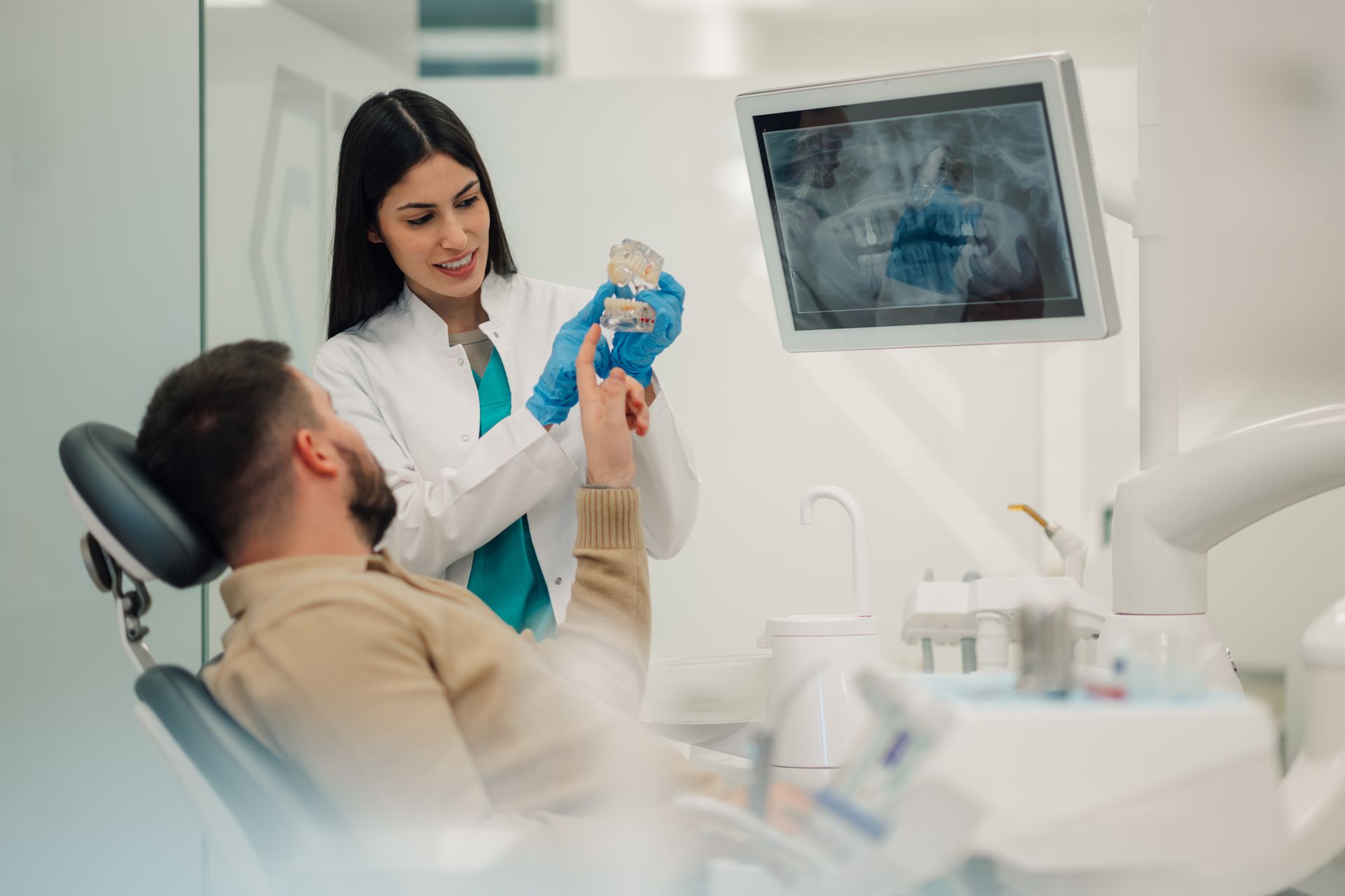 dentist showing teeth model to patient in modern clinic dentist showing teeth model to patient in modern clinic