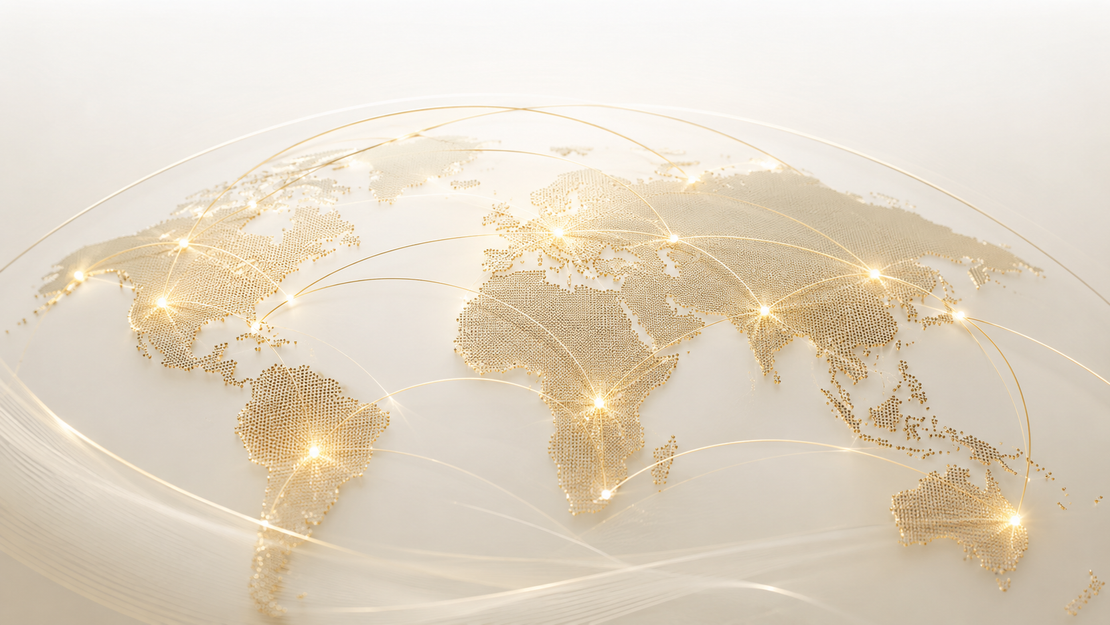 Glowing golden world map with connected light trails on a white background
