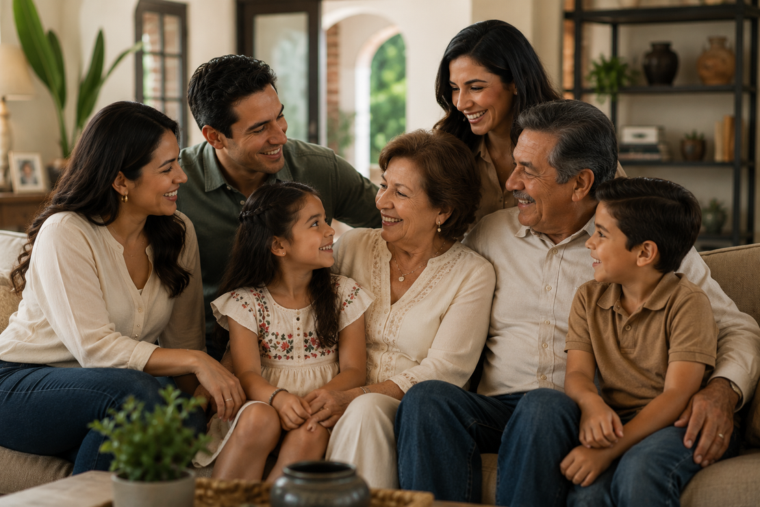 Three generations smiling together on a living room couch in a warm family gathering