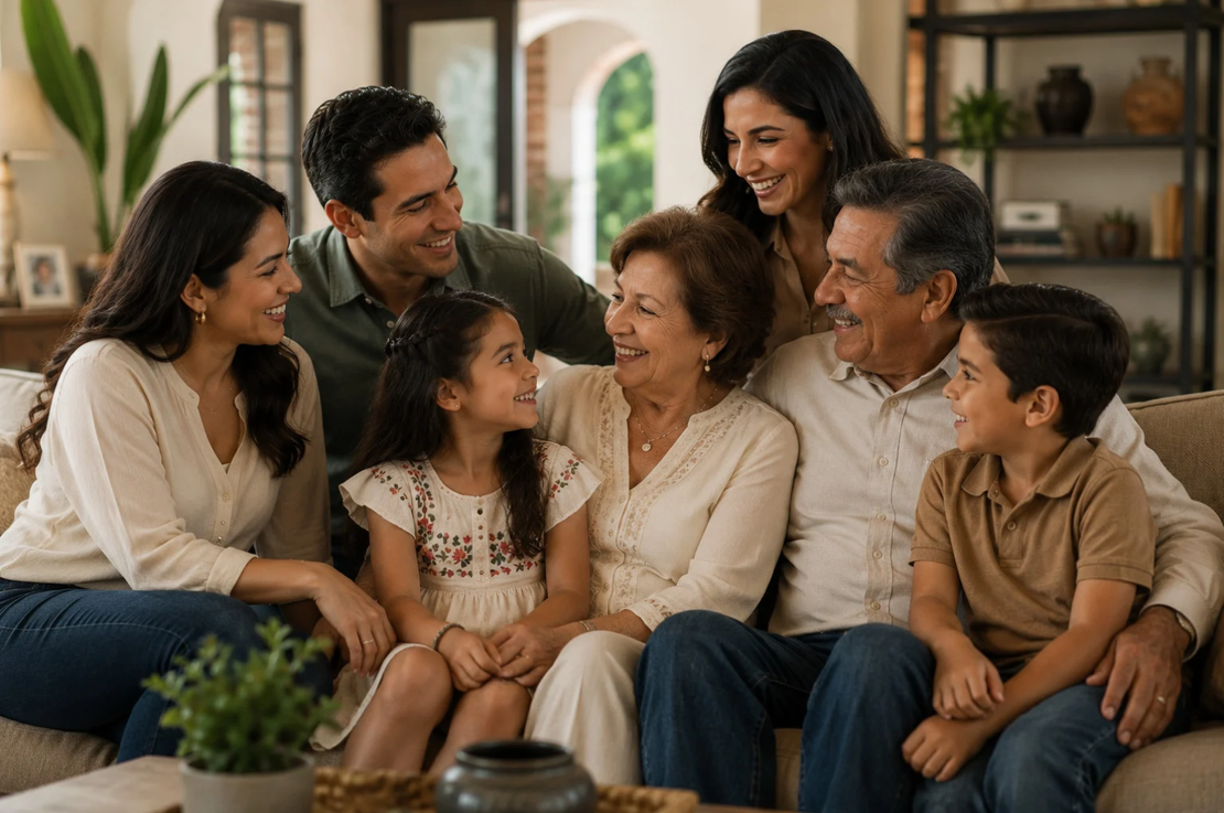 Three generations smiling together on a living room couch in a warm family gathering
