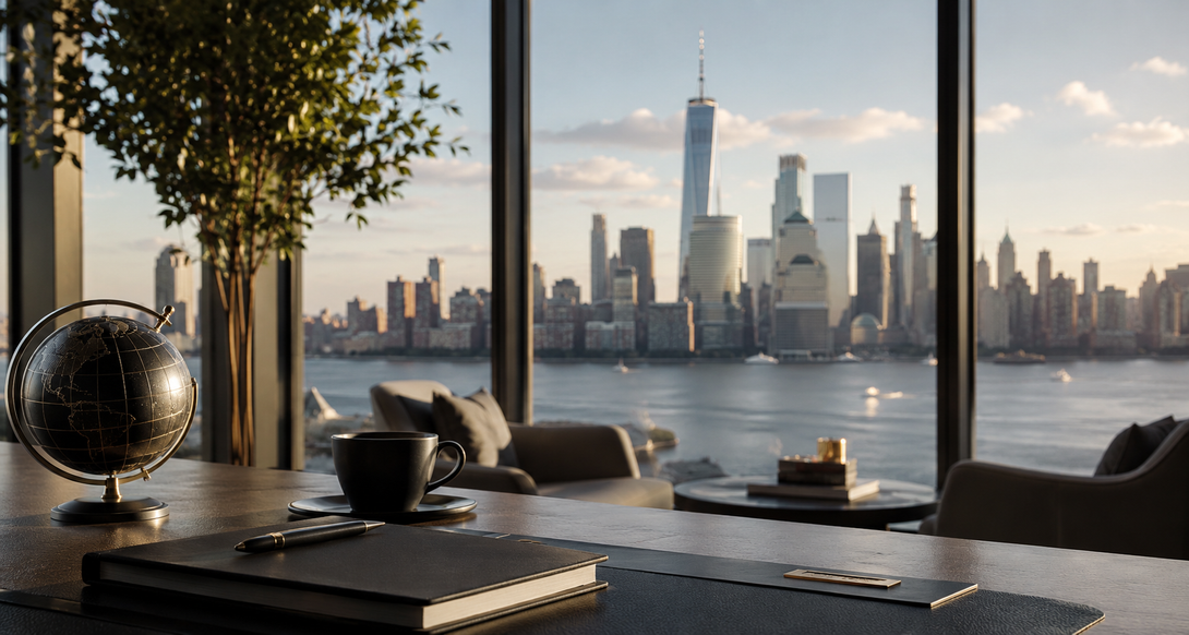 Modern living room with city skyline view through large windows, dark furnishings, and a globe on the table