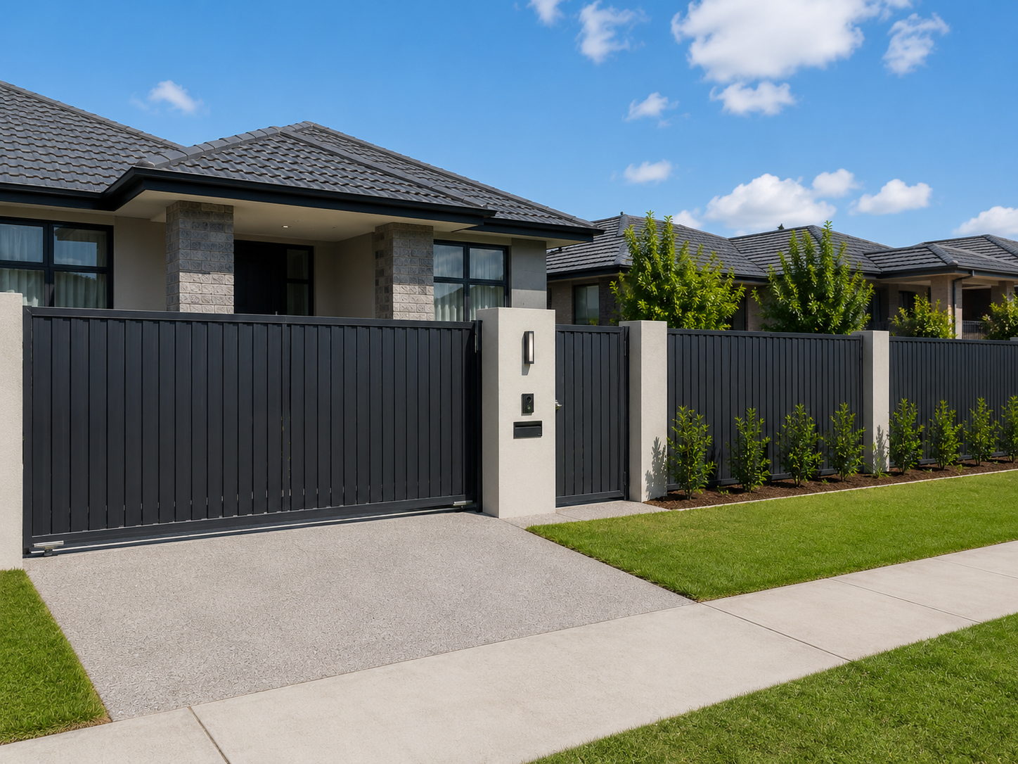 Modern house with dark front fence, white gate pillar, driveway, and green lawn under a blue sky