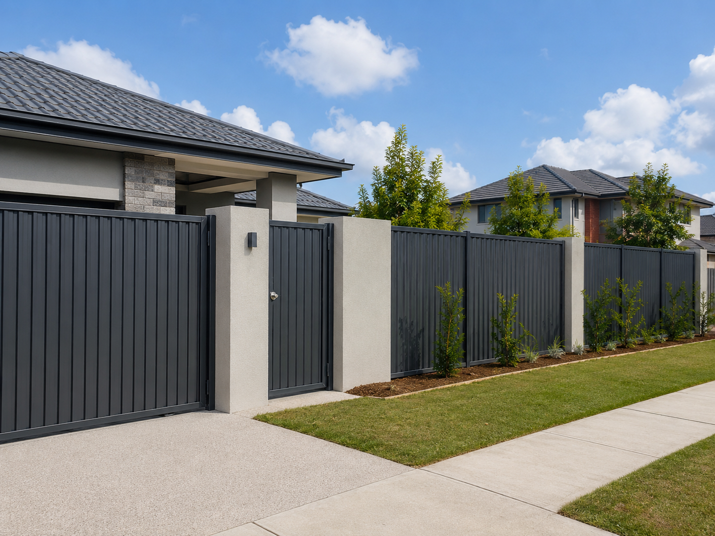 Modern house with dark gray fence, gate, and front lawn under a blue sky