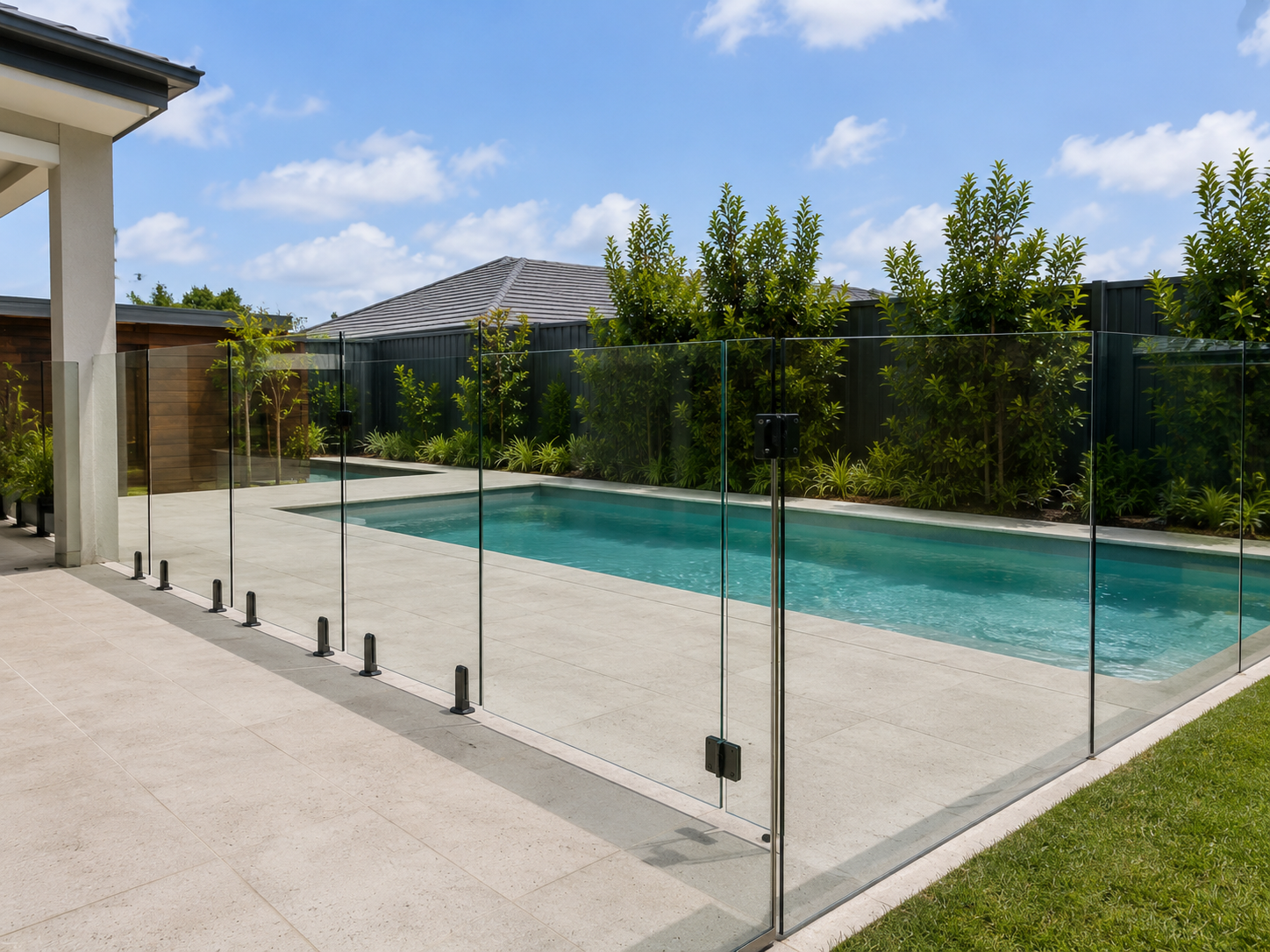 Modern backyard patio with a glass fence around a turquoise swimming pool and garden greenery