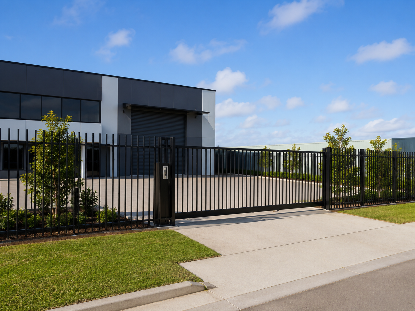 Modern black metal gate and fence in front of a gray building, with sidewalk and grass under a blue sky