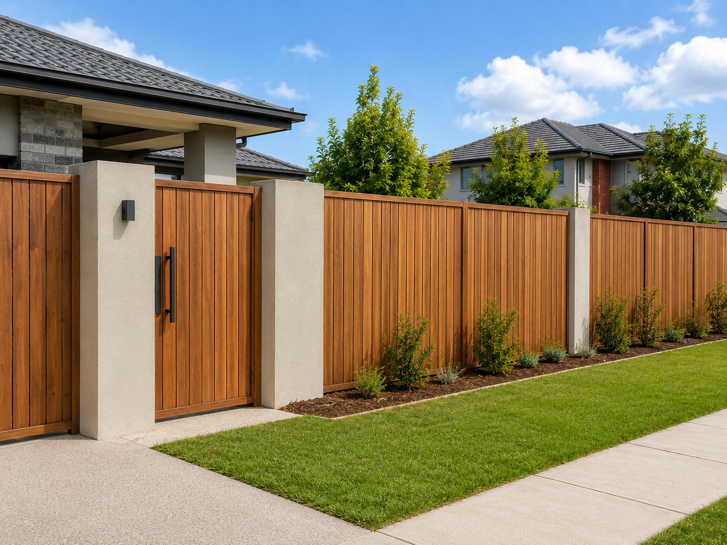Modern suburban house exterior with wooden fence, gate, concrete sidewalk, and green lawn