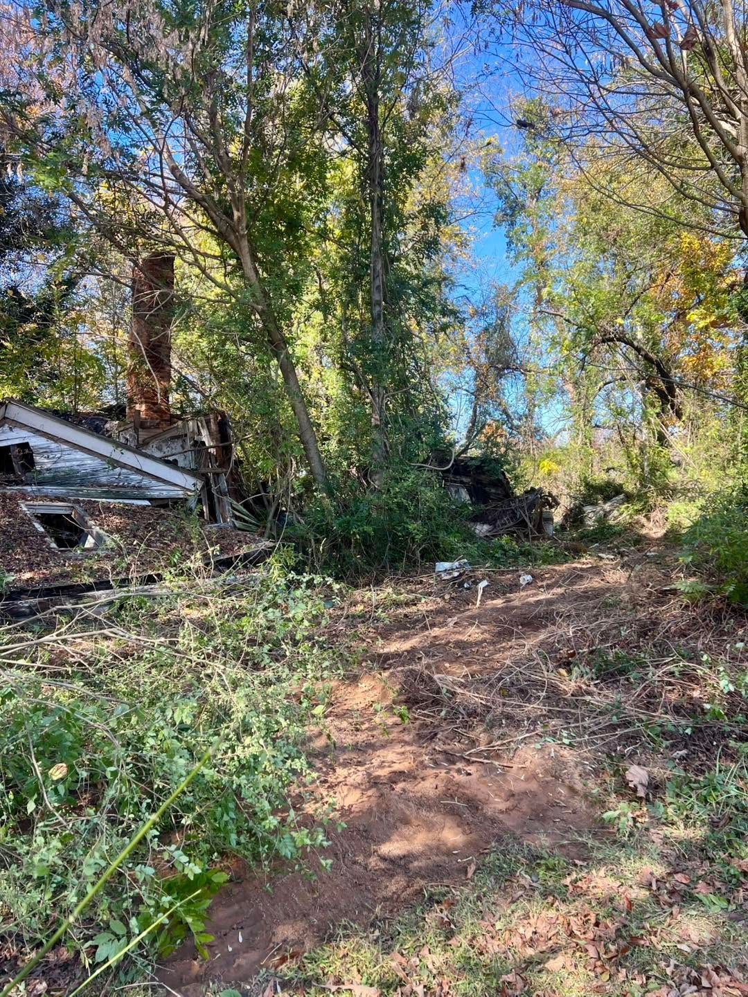 Wooded dirt path beside an old house, surrounded by tall trees and dense greenery.