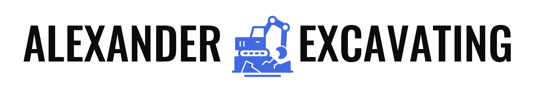 "ALEXANDER EXCAVATING" logo with excavator icon. Black text, light blue excavator, white background.