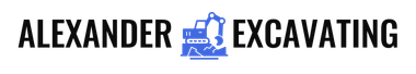 "ALEXANDER EXCAVATING" logo with excavator icon. Black text, light blue excavator, white background.