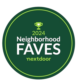 Green circular badge reading “2024 Neighborhood FAVES nextdoor” with a small trophy icon.