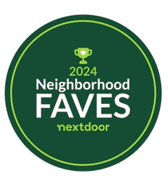 Green circular Nextdoor badge reading “2024 Neighborhood FAVES” with a small trophy icon.