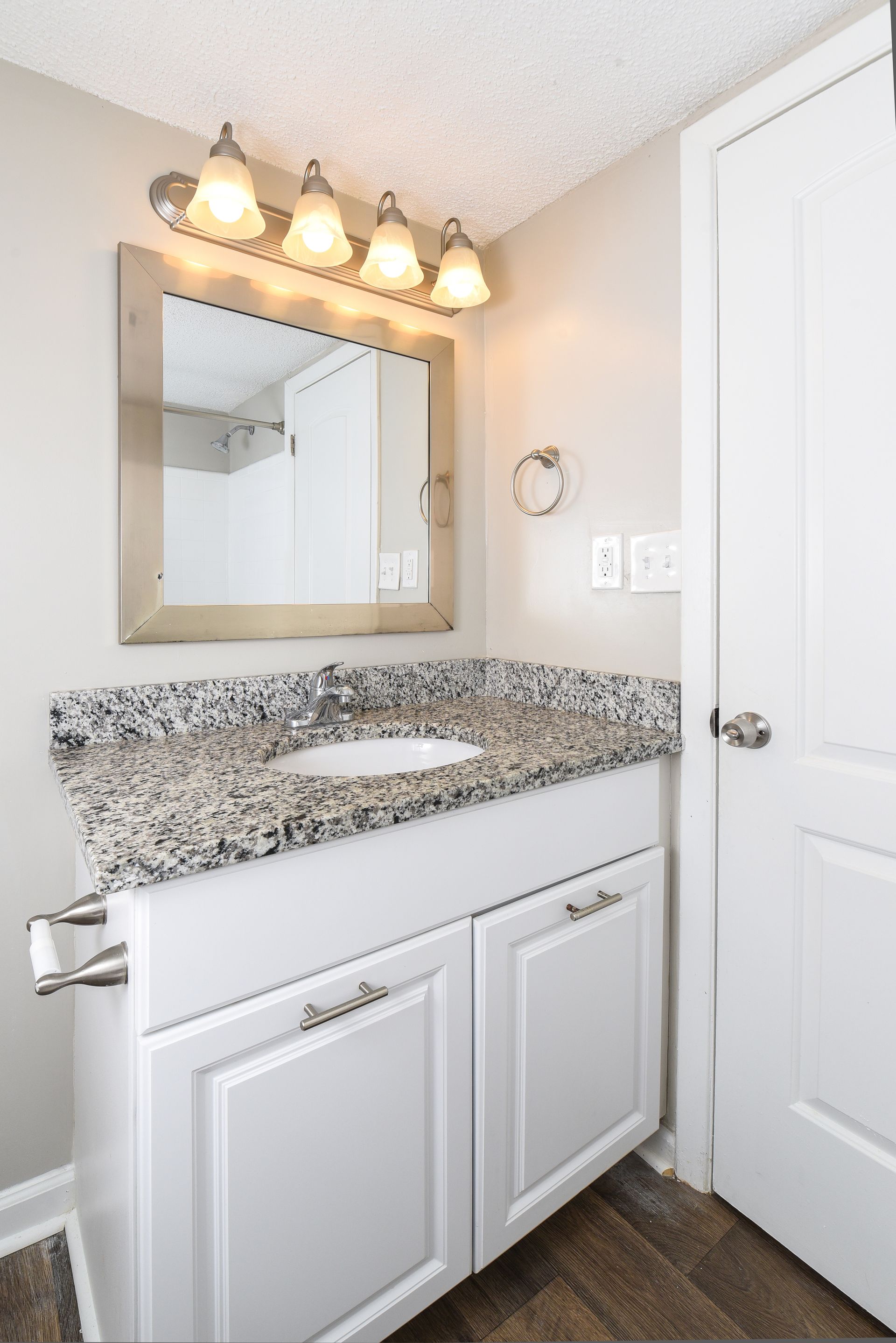 A bathroom vanity with a white cabinet, speckled granite countertop, silver sink, mirror, and light fixture.