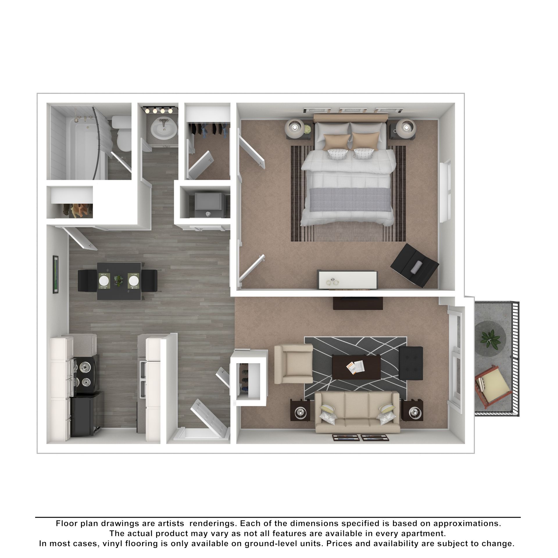 Floor plan for a one-bedroom apartment, featuring a kitchen, dining area, living room, bathroom, bedroom, and balcony.
