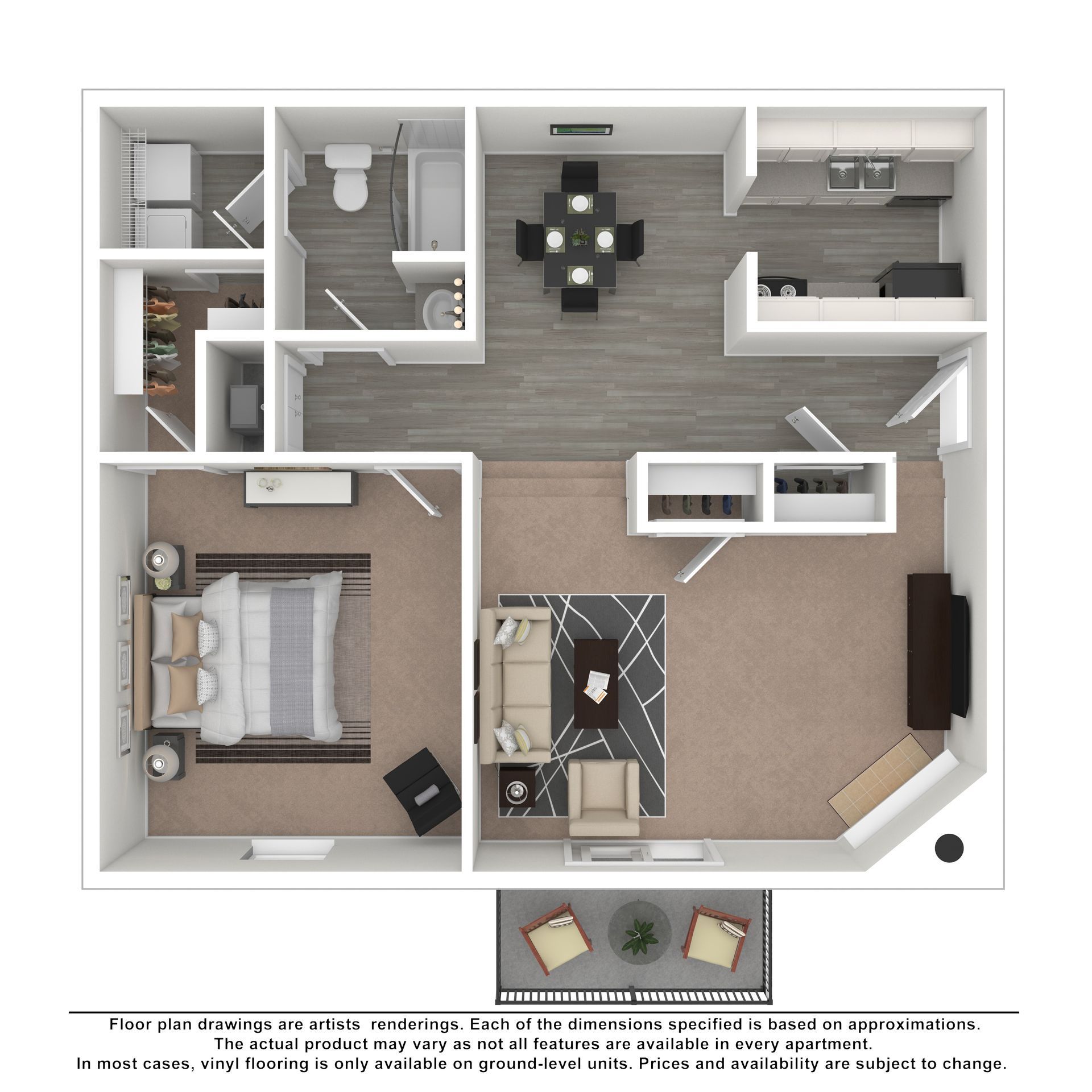 Floor plan of a one-bedroom apartment with an open living area, dining space, kitchen, bathroom, and balcony.