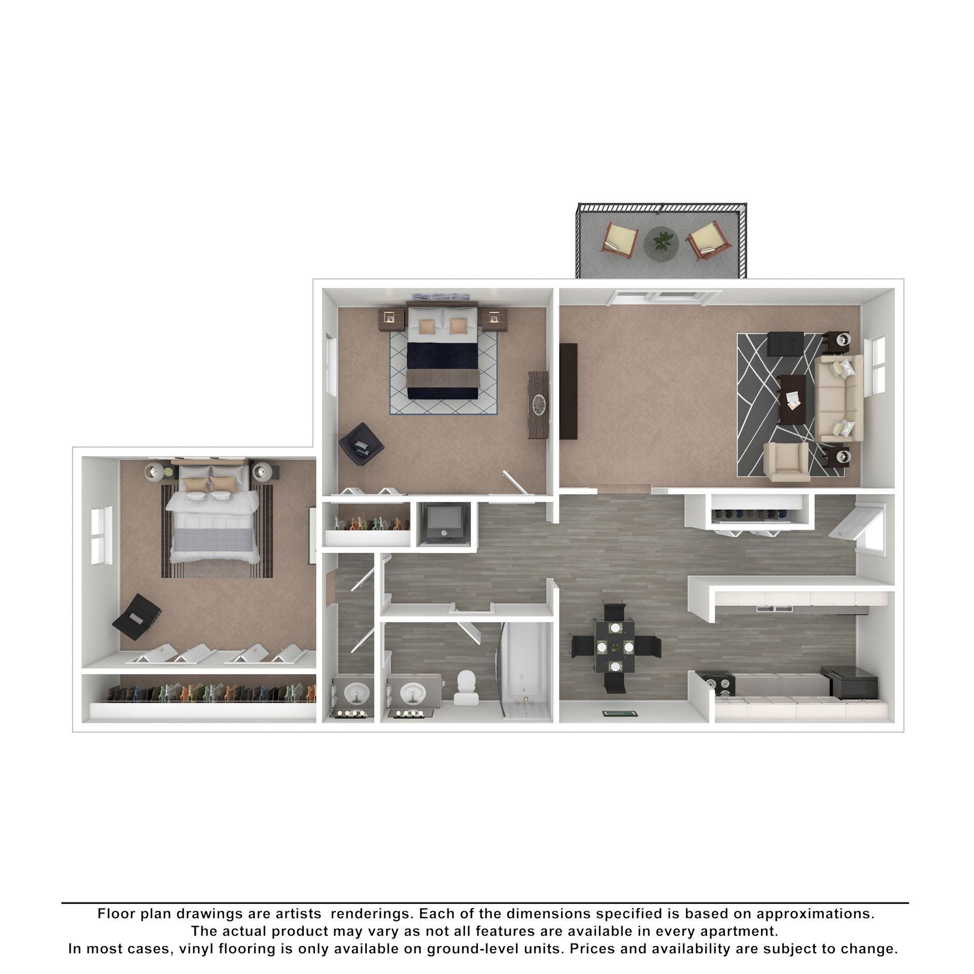 Floor plan of a two-bedroom, one-bathroom apartment with a kitchen, living room, dining area, and balcony.