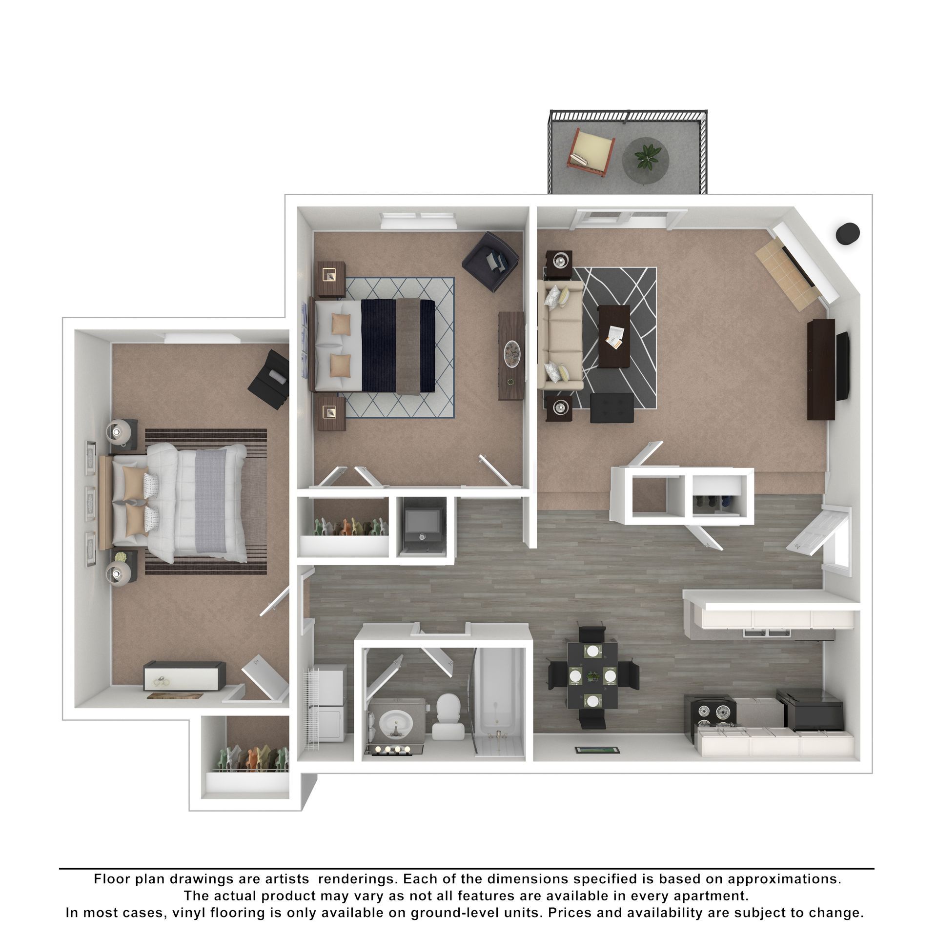 2D floor plan of a two-bedroom apartment with a living area, dining space, kitchen, one bathroom, and a balcony.