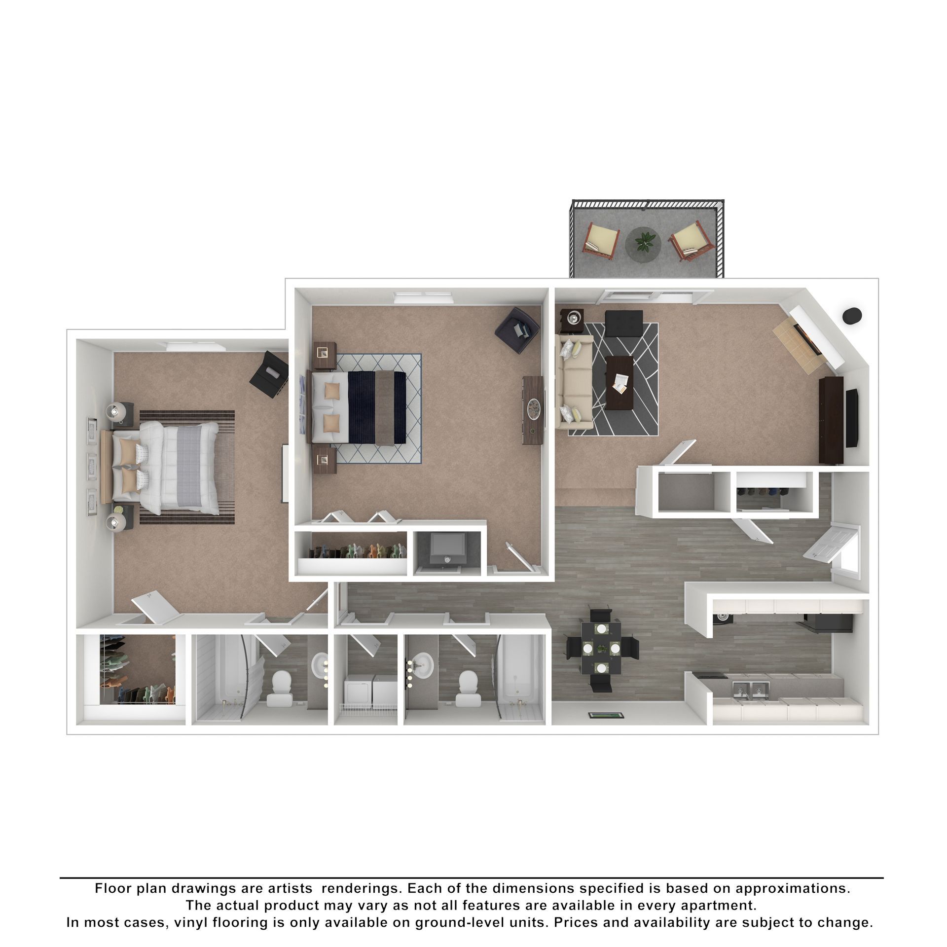 A 2D floor plan for a two-bedroom apartment featuring an open living area, kitchen, dining space, two baths, and balcony.