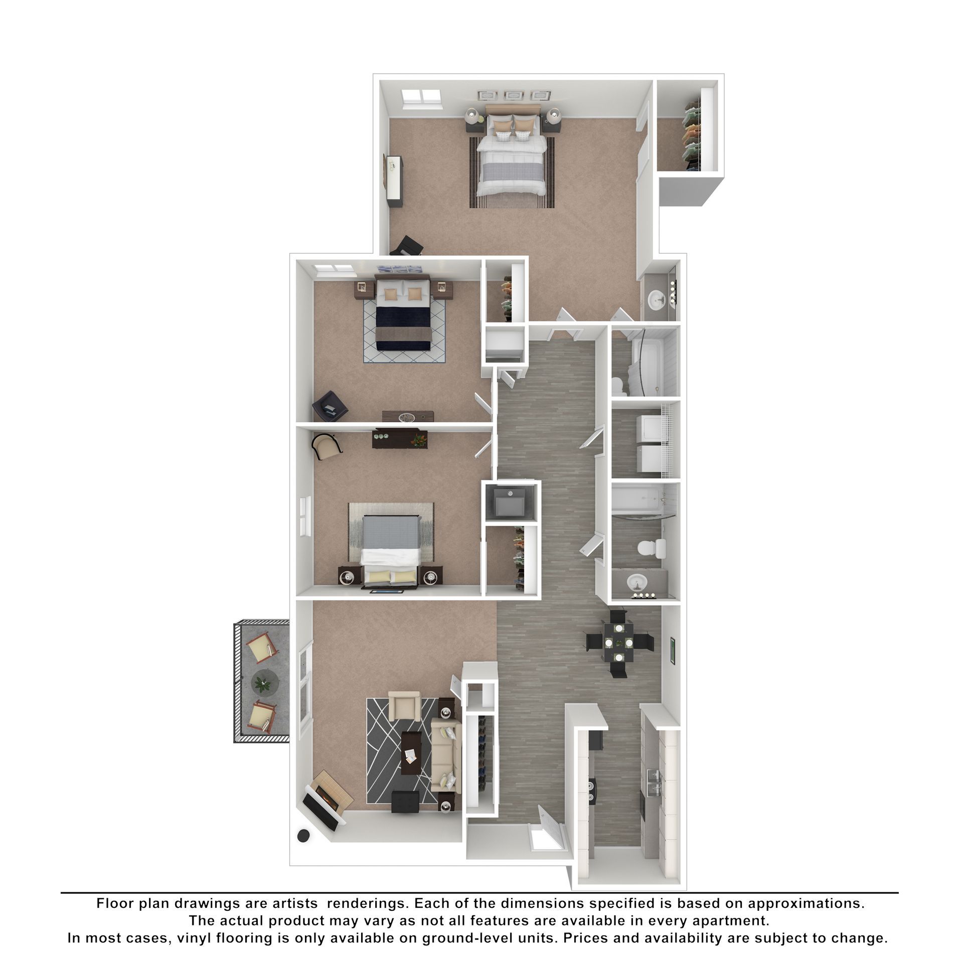 A top-down floor plan of a three-bedroom, two-bathroom apartment featuring a central living area, kitchen, and balcony.