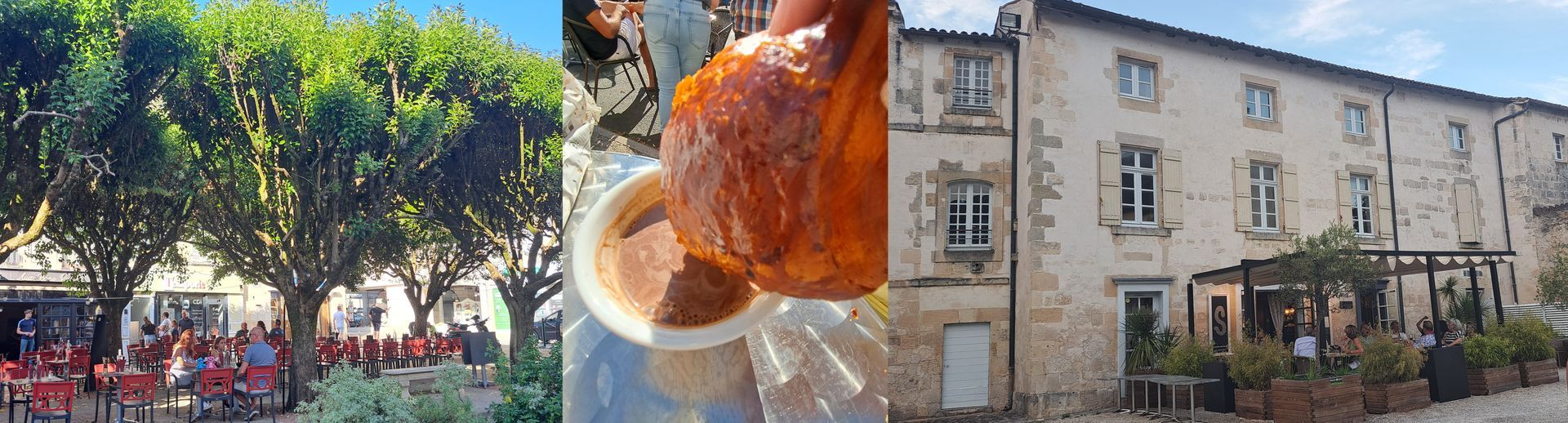 people sat in a restaurant under trees, a croissant being dunked into a hot chocolate and a restaurant with a terrace
