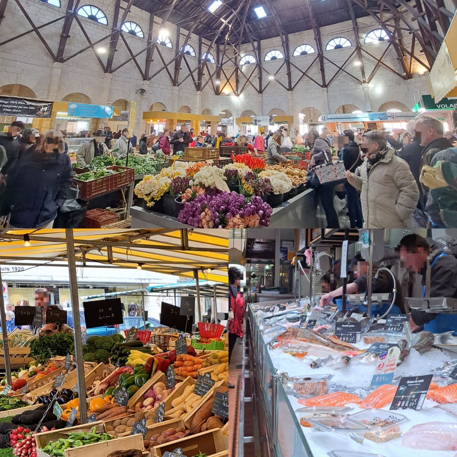 three pictures of market stalls selling fish, fruit, vegetables and flowers