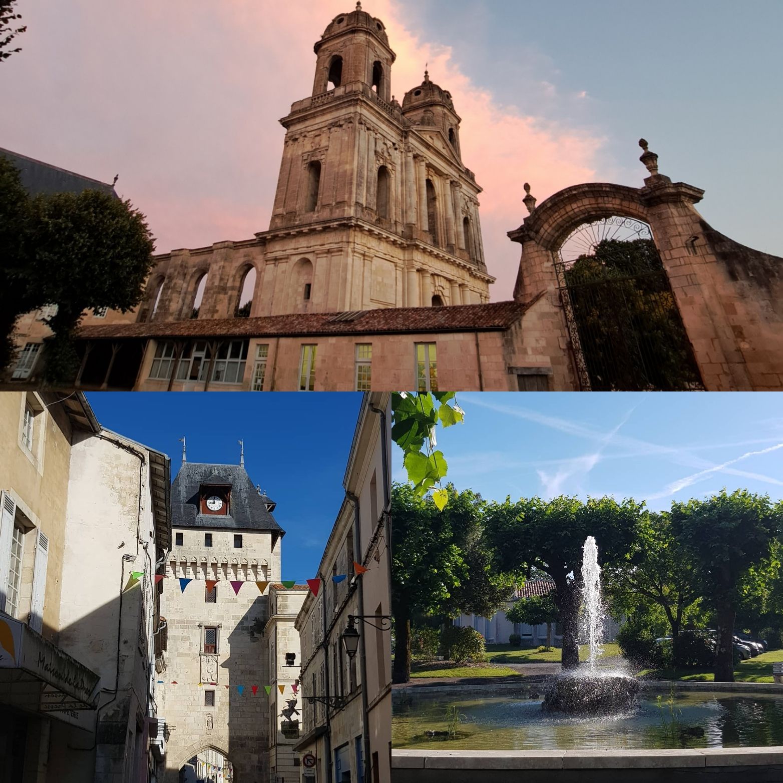 historic buildings and a fountain in st jean d'angely