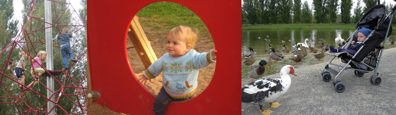 three images of children playing in a play park and a baby in a pram looking at the ducks