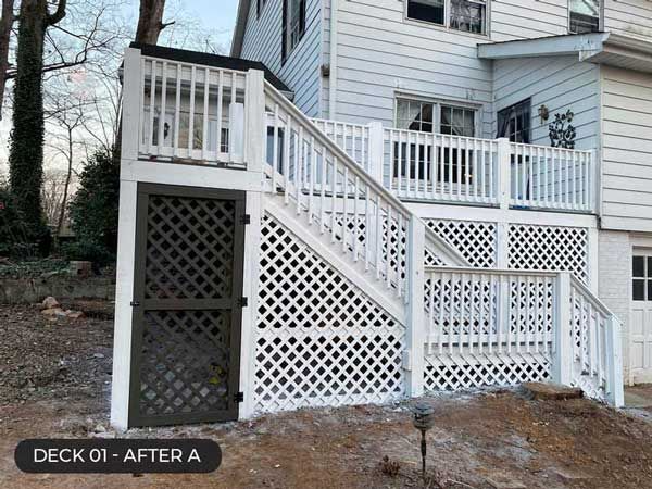 Back deck with white railings, lattice skirting, and stairs on a house exterior, labeled “Deck 1 - After A”