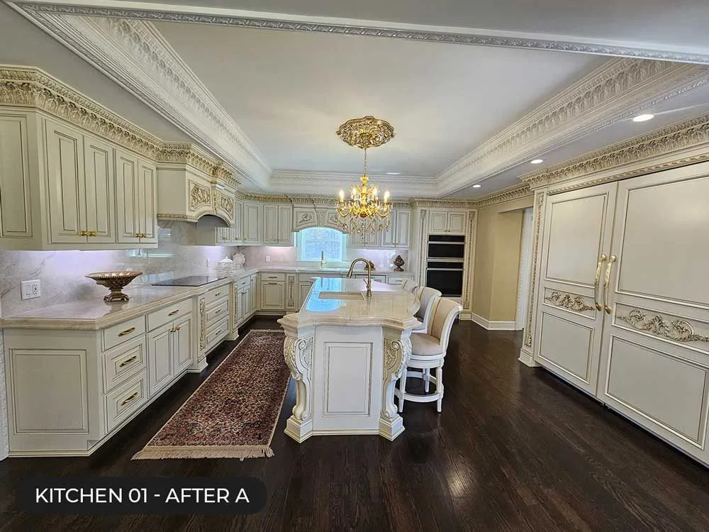 Elegant cream kitchen with island, chandelier, and dark wood floors, labeled “Kitchen 01 - After A”