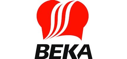 Een rood-wit logo voor beka met een koksmuts op een witte achtergrond.