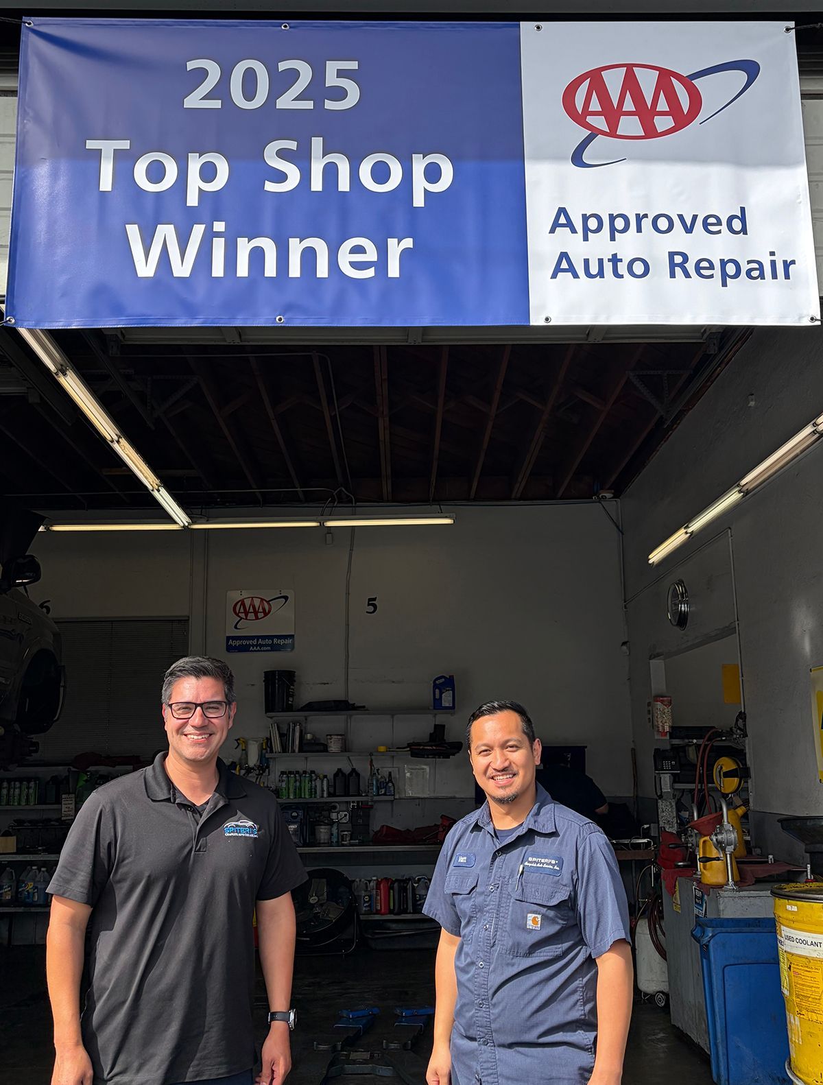 AAA 2025 Top Shop Winner, two members of our expert team in our garage | Spiteri's Complete Auto Service