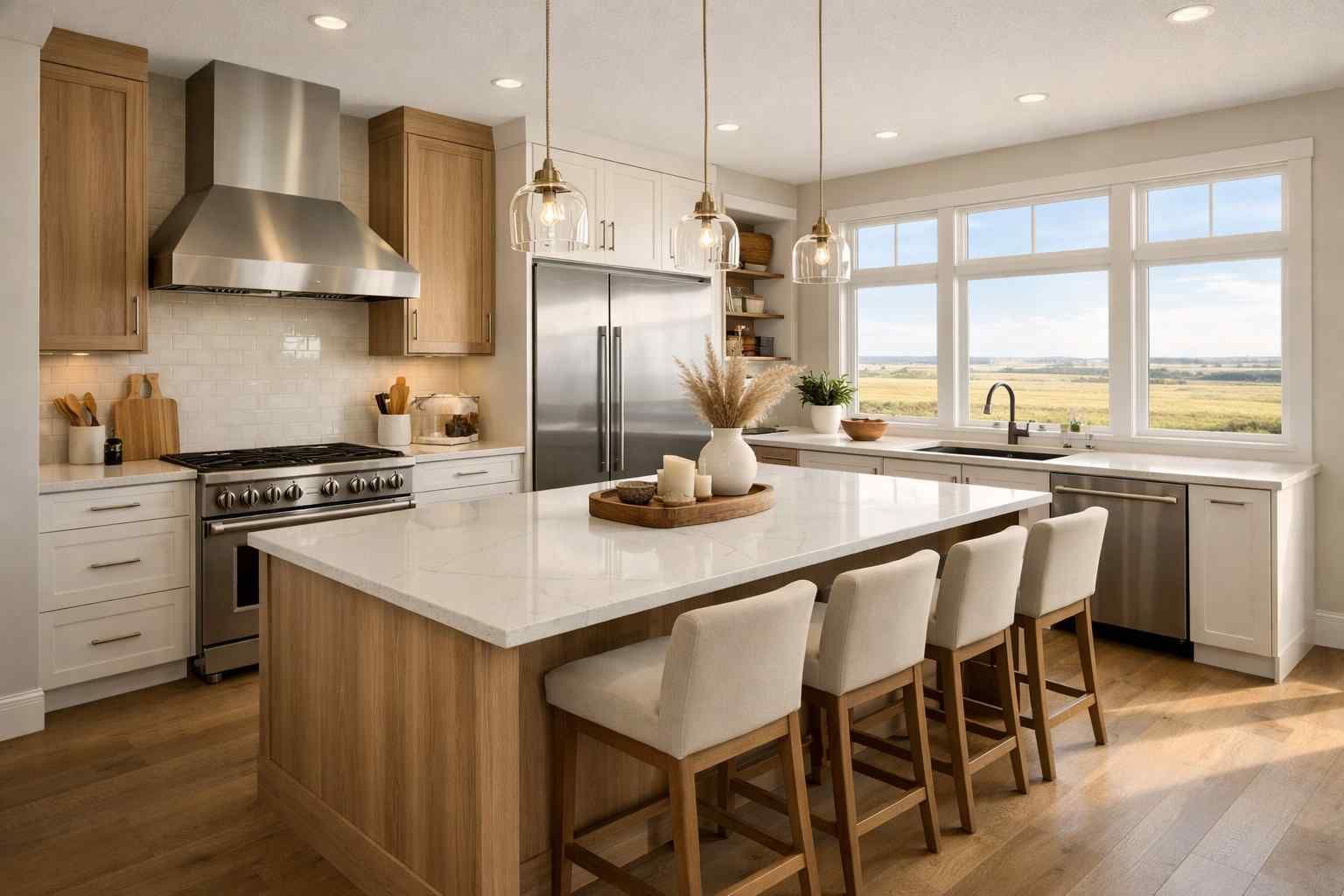 A modern kitchen with white cabinetry, stainless steel appliances, a black tiled backsplash, and two stools at an island.