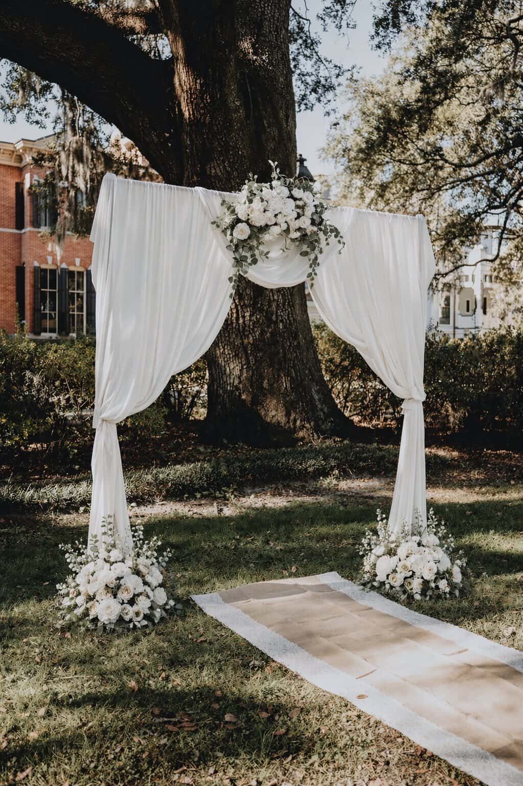 White draped wedding arch with floral arrangements under a large tree on a lawn, with aisle runner nearby