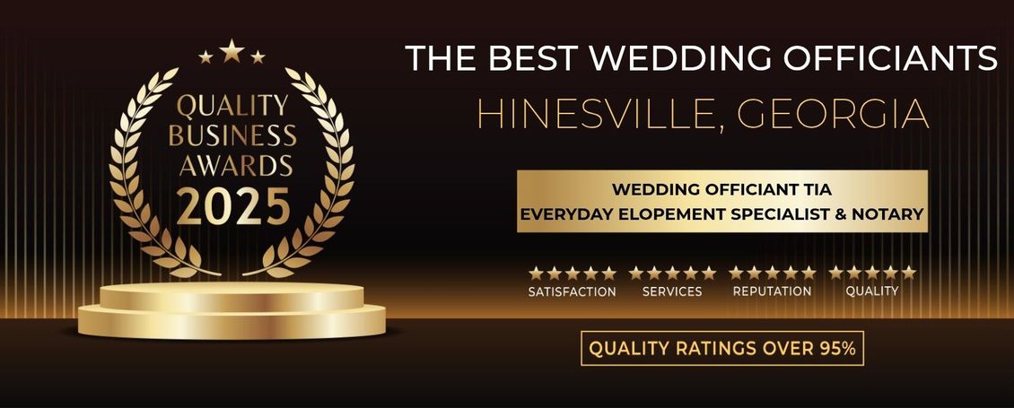 Gold award graphic for Hinesville, Georgia wedding officiants with “Quality Business Awards 2025” and 5-star rating badge