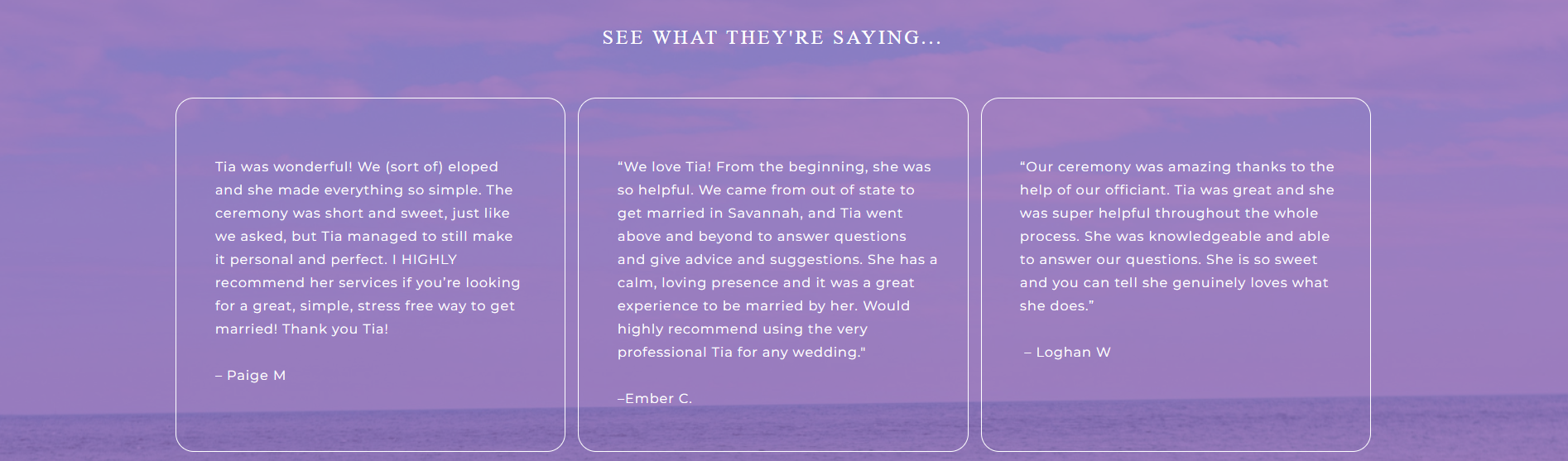 Purple gradient background with three columns of small white text near the bottom
