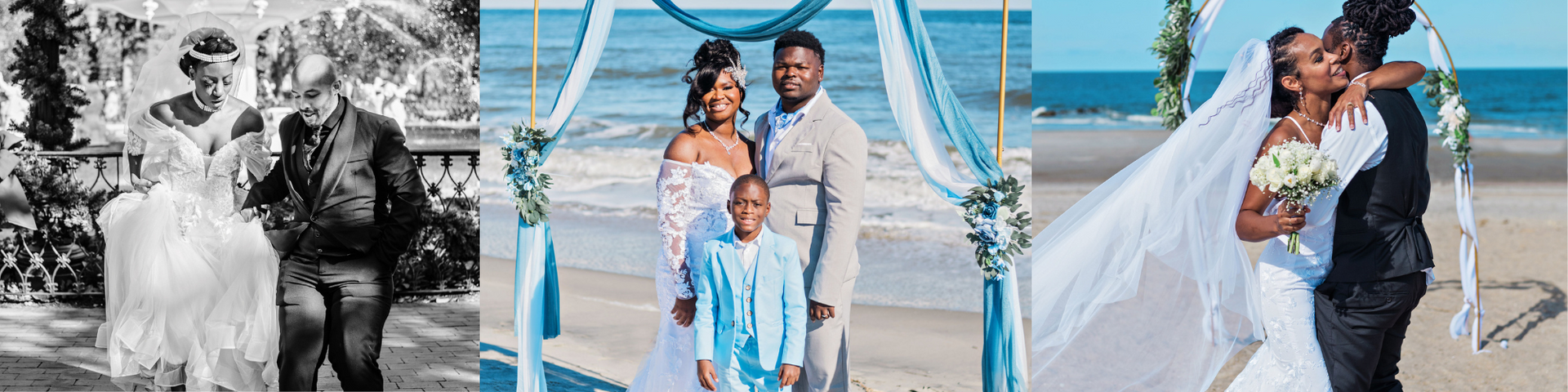 Bridal couple poses by a blue ocean, with wedding party in the background under a white arch