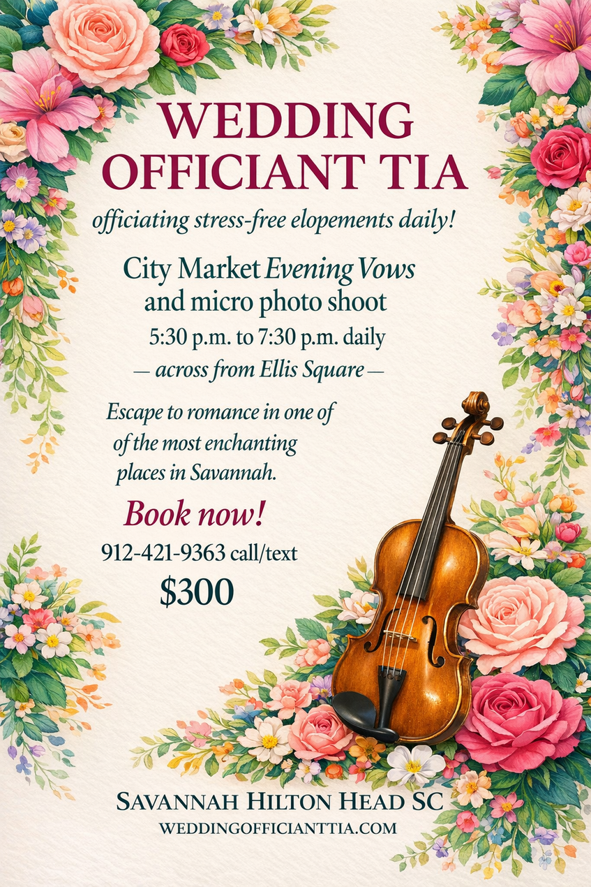 Wedding officiant Tia floral flyer with violin, pink roses, and event details on a white background