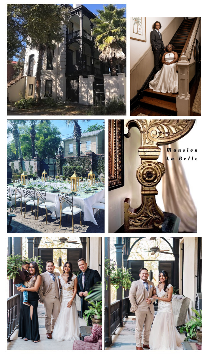 Elegant wedding venue collage with stone mansion, floral table settings, ornate staircase, and bride and guests outdoors