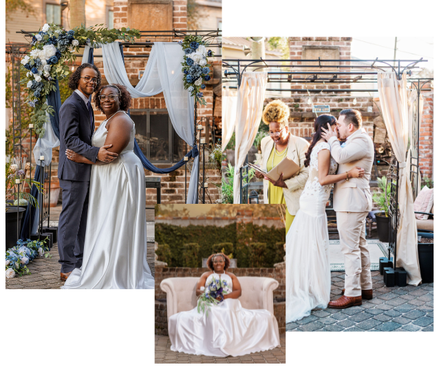 Wedding collage: couple embracing at an outdoor ceremony, bride in white, groom in light suit, floral arch backdrop