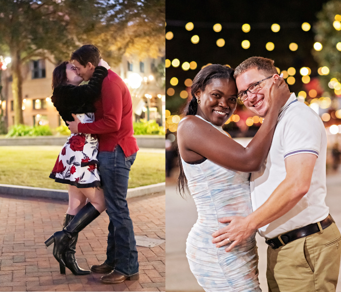 Two couples embracing outdoors at night, with warm bokeh lights in the background.