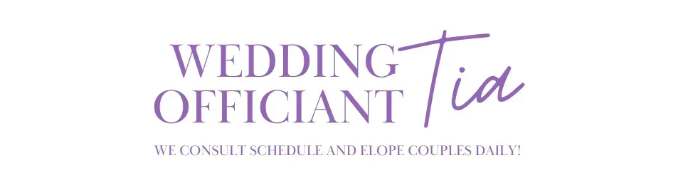 Wedding Officiant Tia logo in purple and white with the tagline &ldquo;We create timeless and elegant ceremonies.&rdquo;