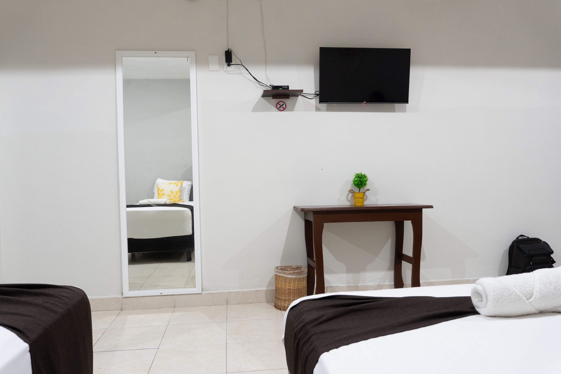 Habitación de hotel minimalista con dos camas, televisor de pared, espejo y mesita con planta.