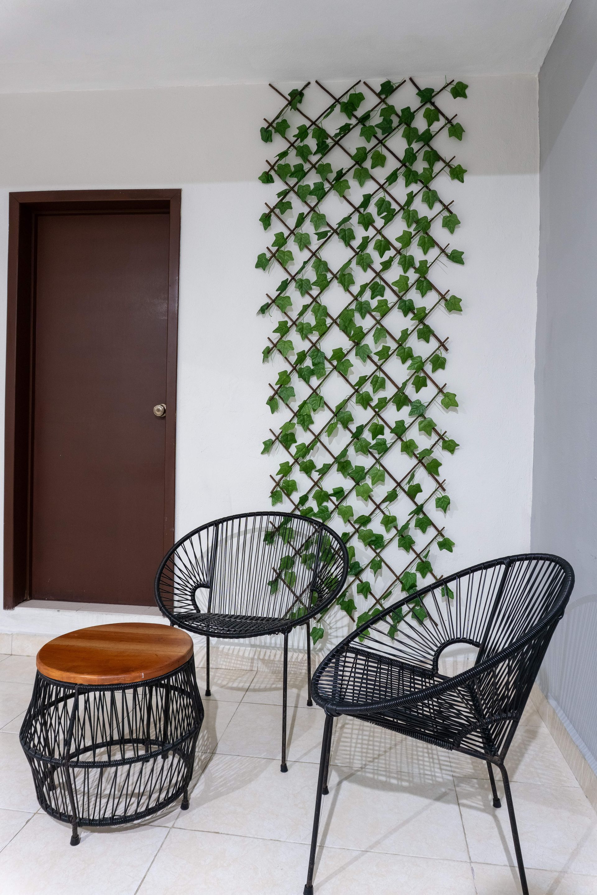Pequeño patio con dos sillas negras, un puf tejido y una pared vegetal de celosía verde junto a una puerta marrón.