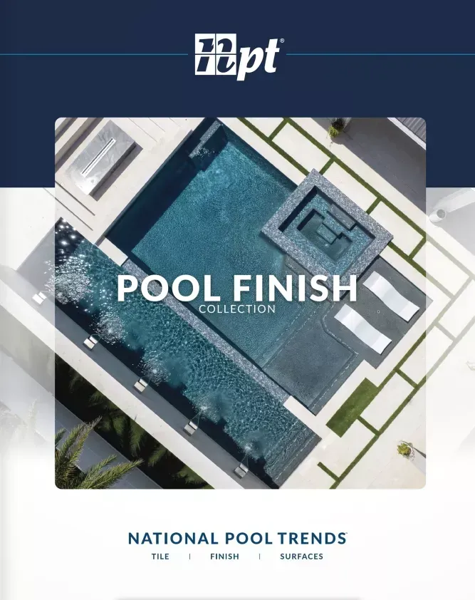 Pool finish brochure cover with aerial view of a blue-tiled pool and white deck accents