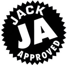 A black and white logo that says jack ja approved.