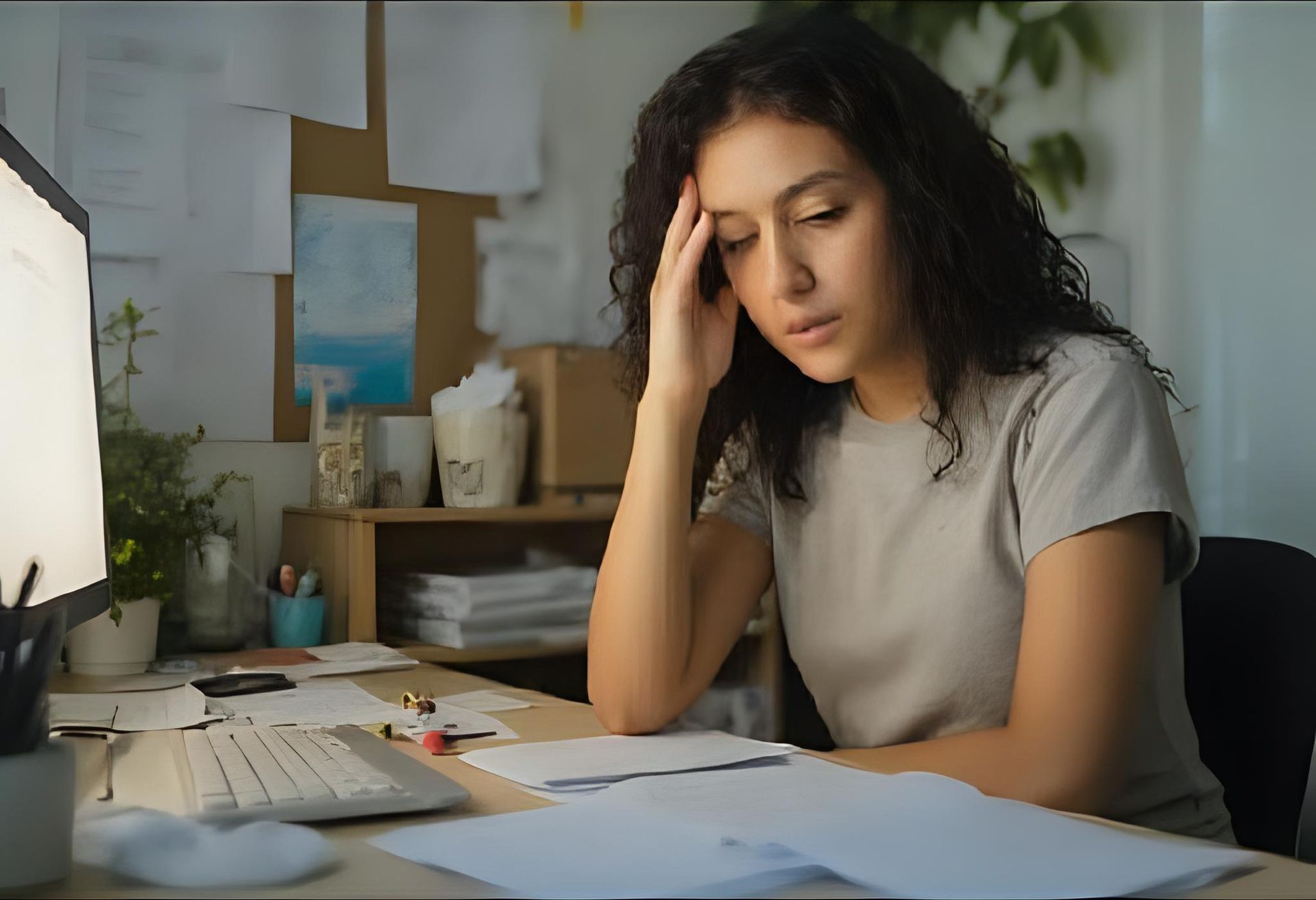 mulher sentada em uma mesa na empresa estressada por impactos psicossociais
