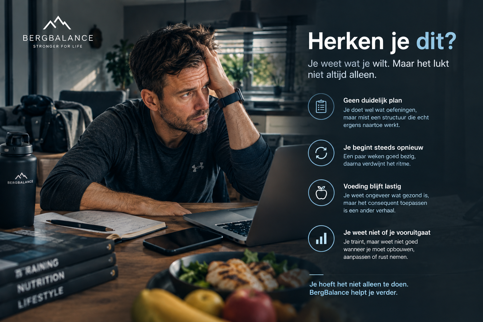 Een man leunt tegen een bureau in een donker kantoor en ziet er gestrest uit naast Nederlandse tekst en opgestapelde boeken.