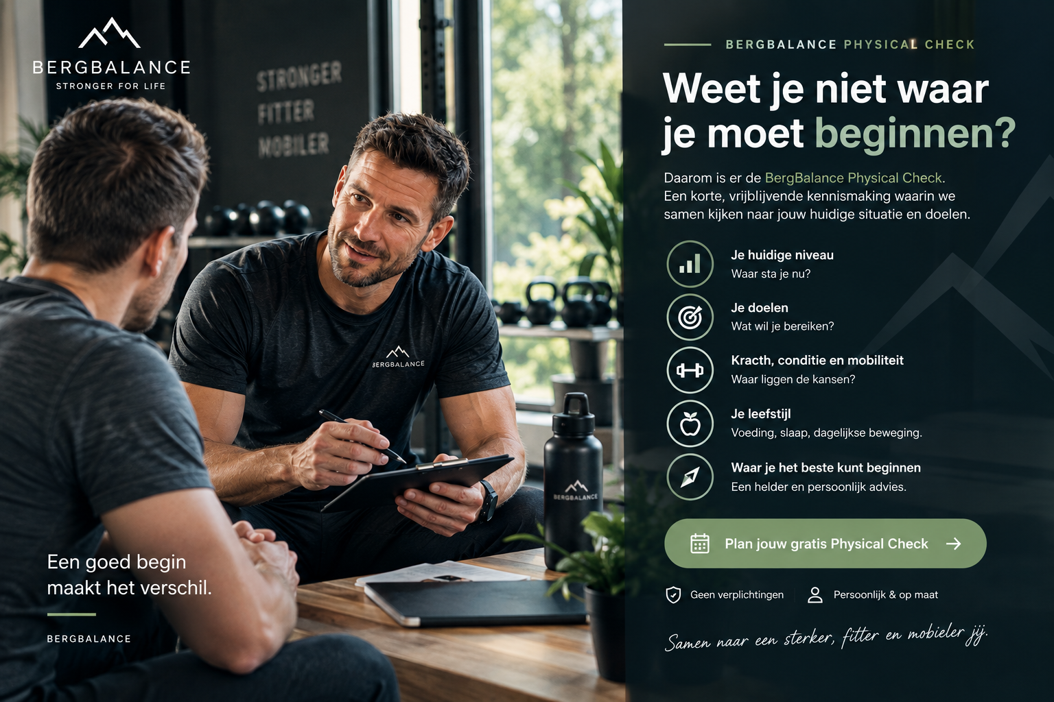 Coach praat met klant in moderne gym naast Nederlandse promotietekst over coaching en training