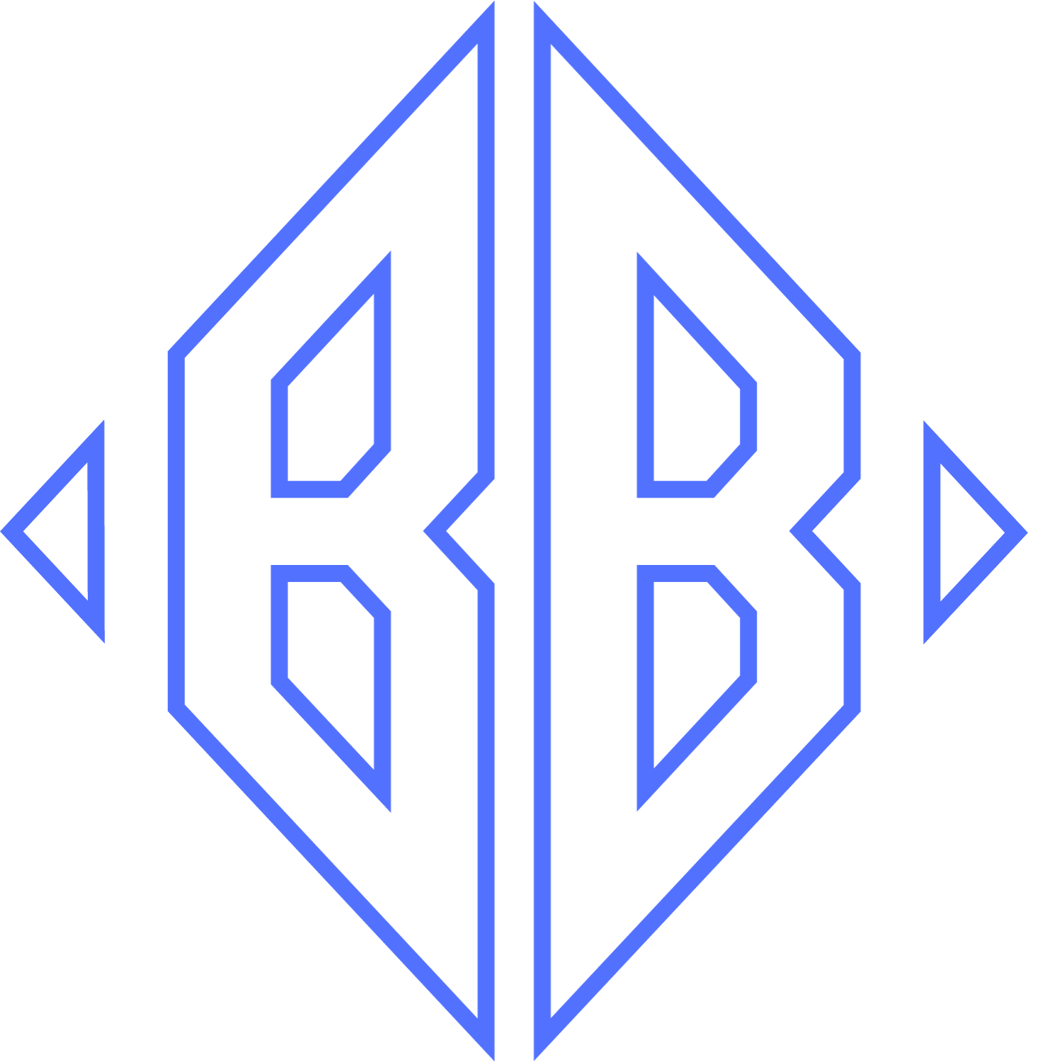 Blauw gestileerd geometrisch dubbel-B-logo met gespiegelde ruitvormige omlijning en kleine driehoekjes aan de zijkant.